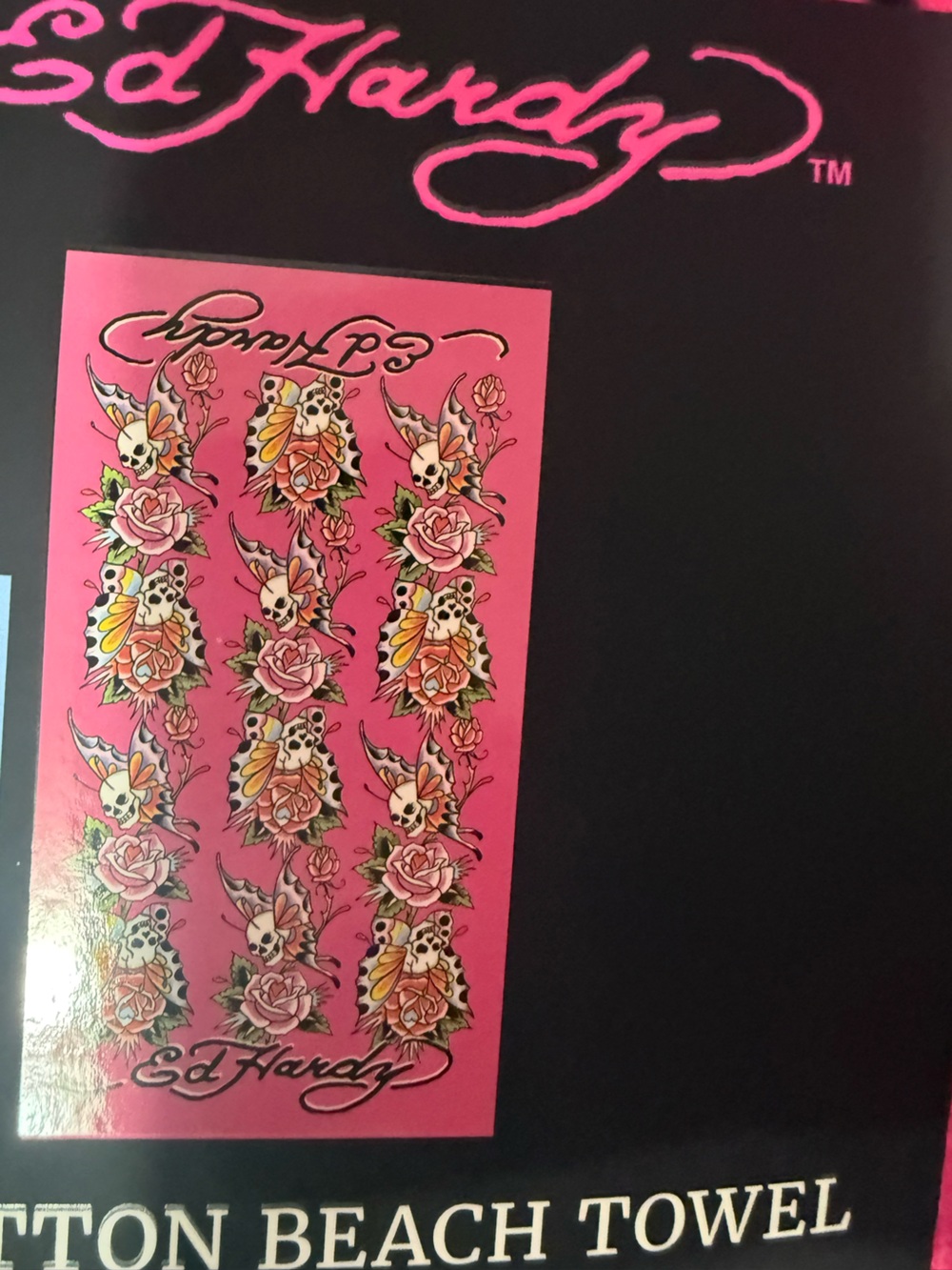 Ed Hardy Pink Floral Skull Beach Towel